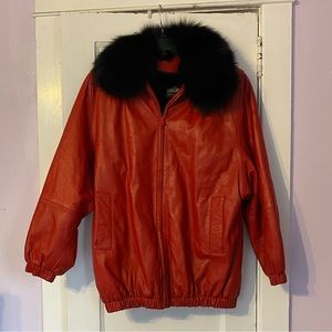 Phil M Stupp red leather coat with real fur lining.